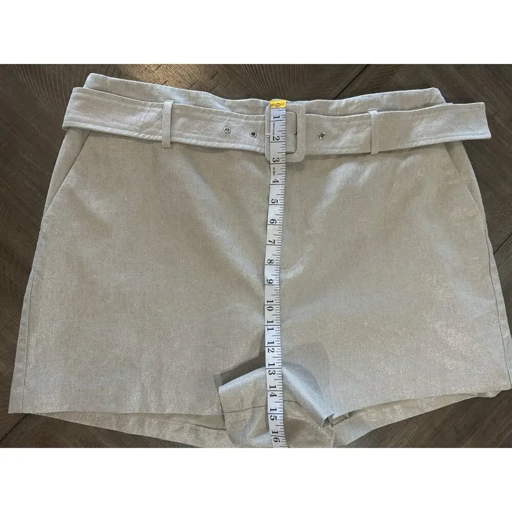 NINE WEST Beige Khaki Shimmer Linen Blend Belted Classic Shorts Women’s Size XL